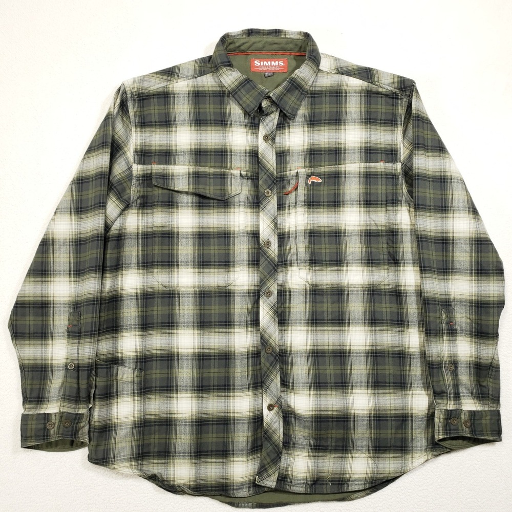 Simms Button Down Shirt Men XXL Green Gray Plaid Flannel Fishing Shacket 2920